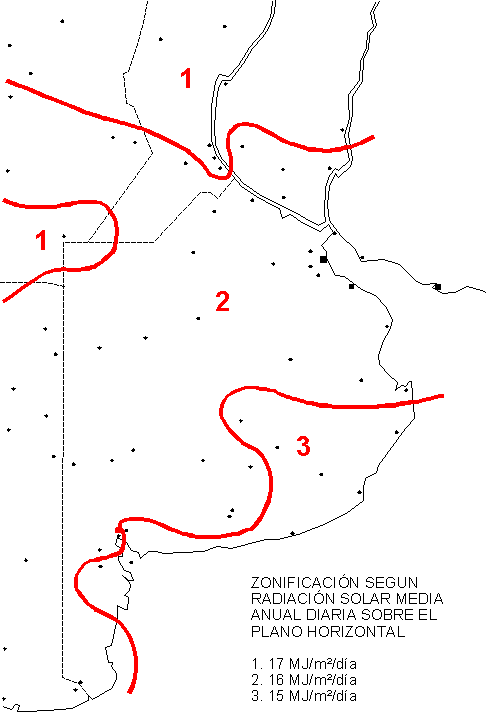 Zonas homogneas para radiacin solar media anual diaria sobre el plano horizontal. (en MJ/m/dia)